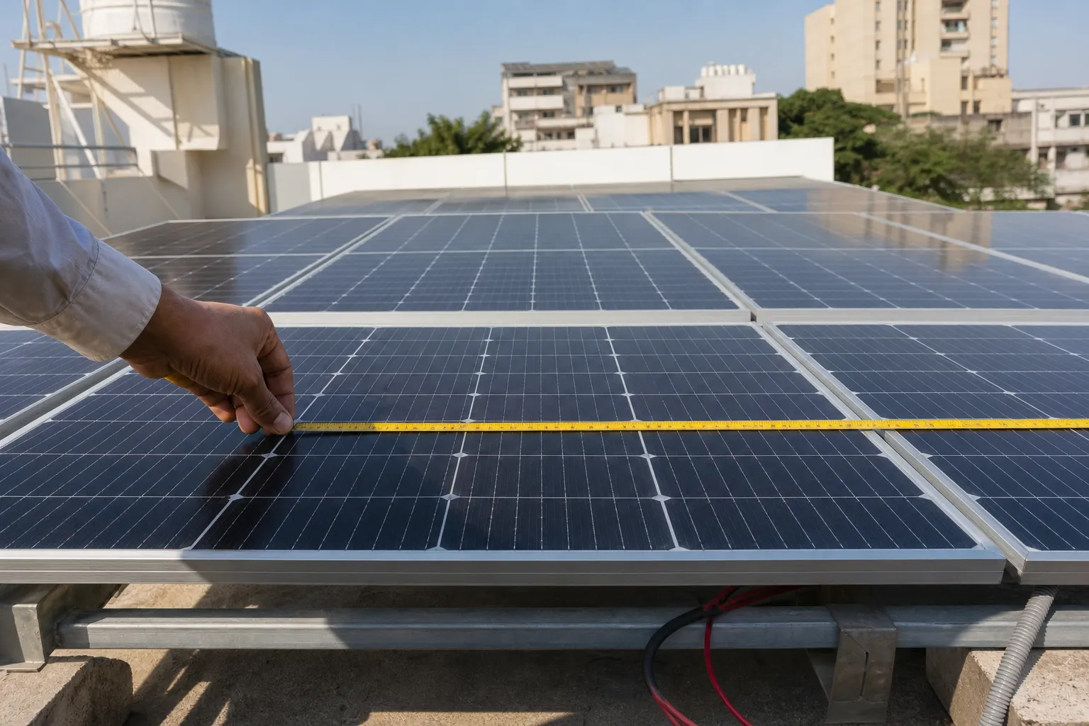 Technician measuring a compact Surat terrace rooftop densely fitted with solar panels