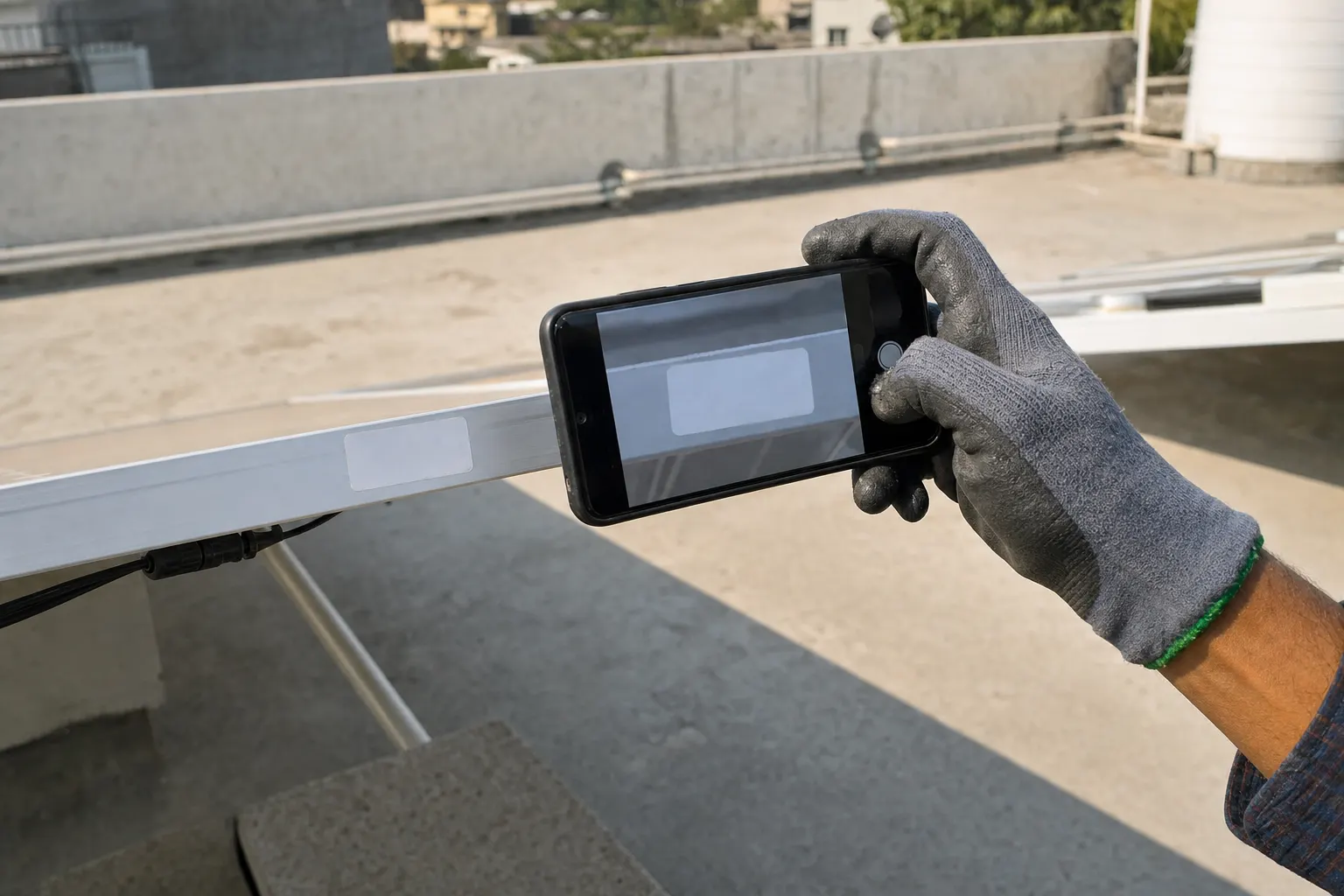 Technician photographing the serial number label on the back of a solar panel on a concrete rooftop