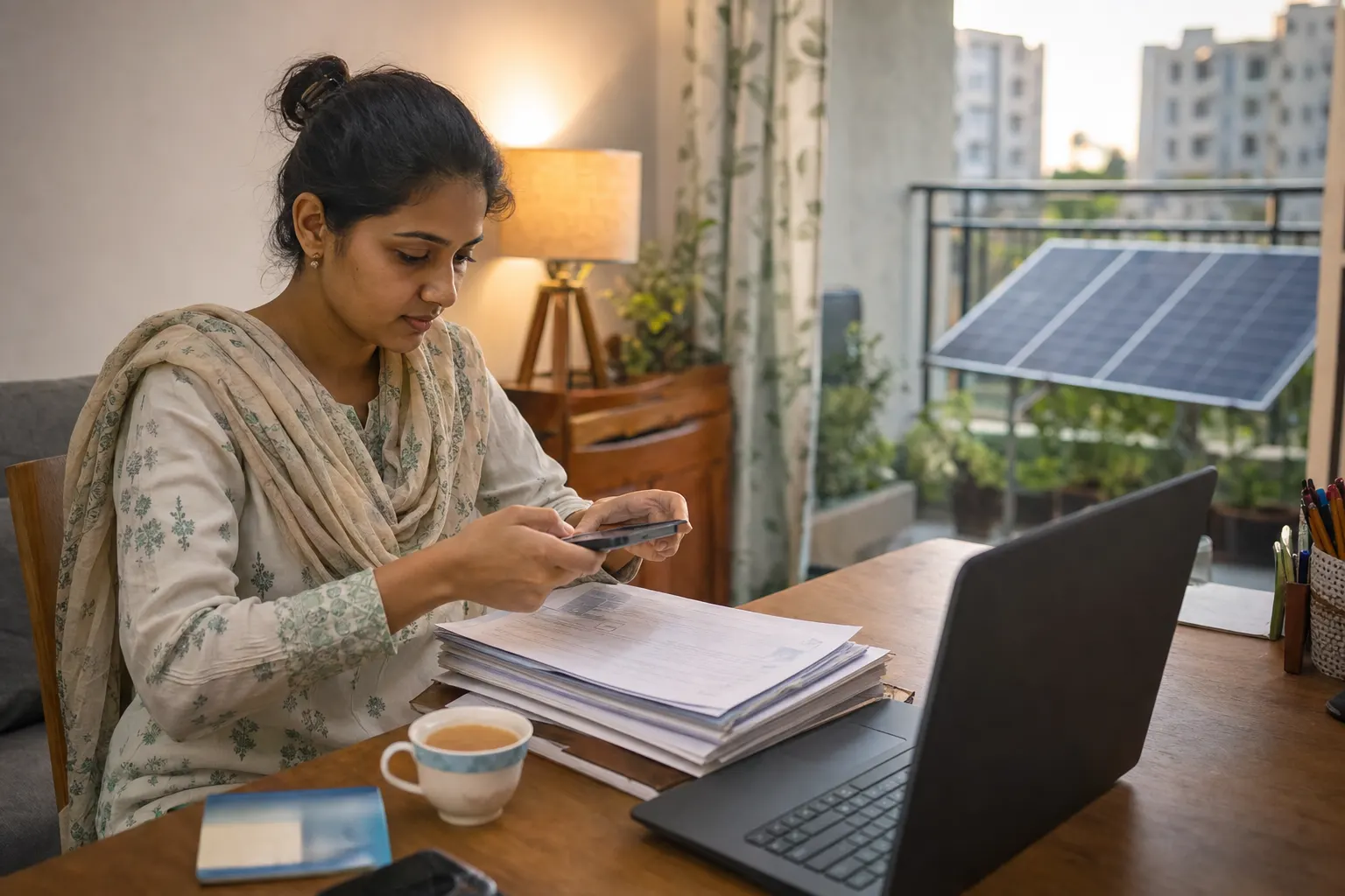 Woman scanning solar installation paperwork with a phone at a home desk in an apartment