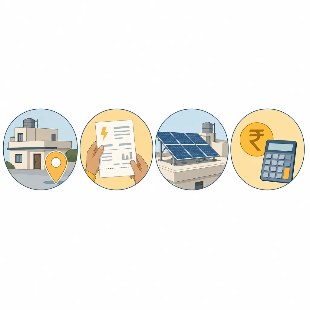 Flat illustration of four steps: details and location, electricity bill, roof and panels, payment and savings