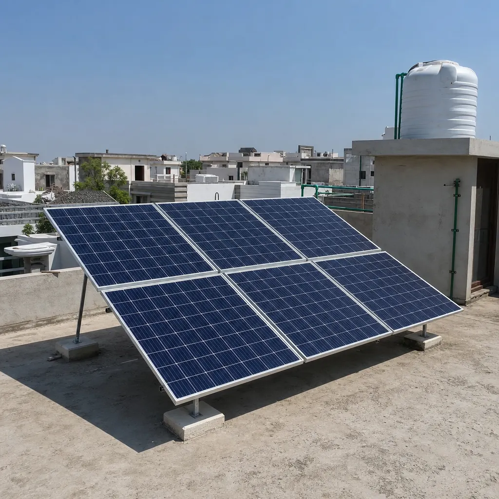 Six solar panels installed on a flat RCC rooftop of a two-storey home with a water tank nearby